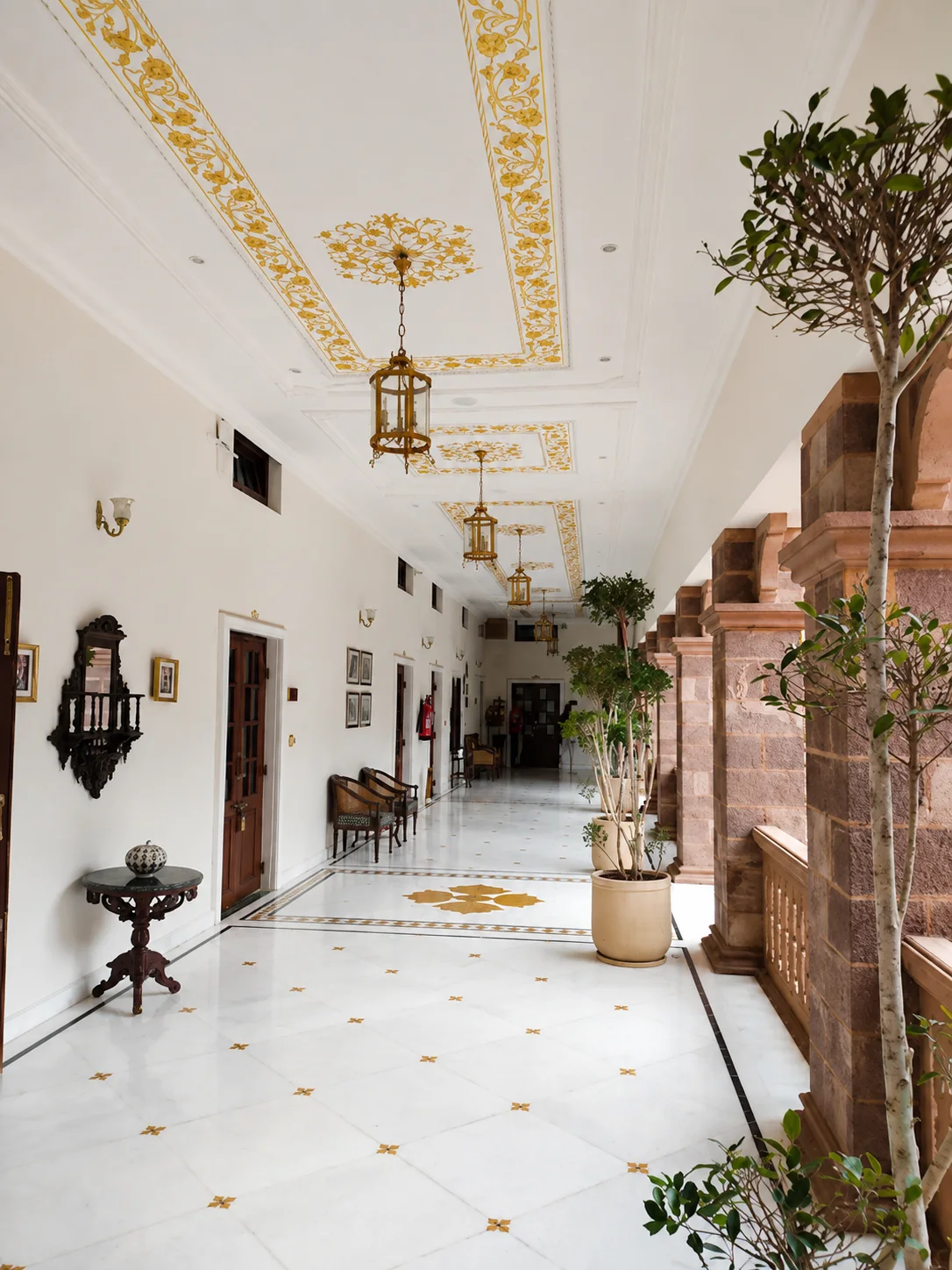 Ornate heritage corridor with decorative ceiling