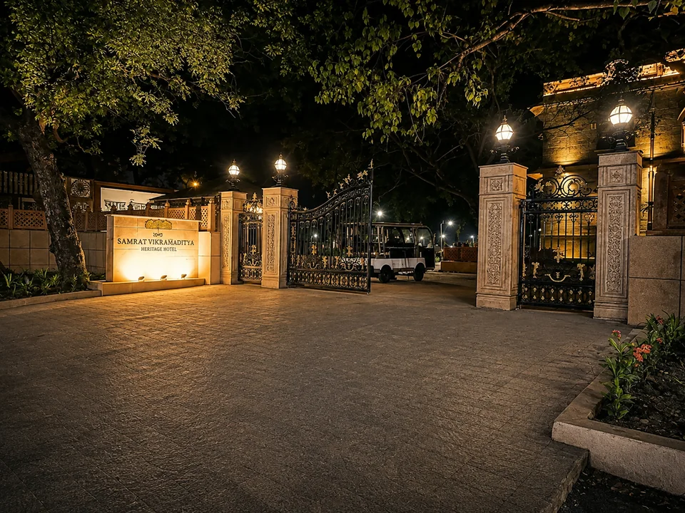Hotel arrival gate illuminated at night