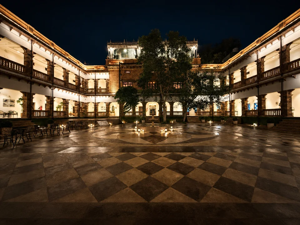 Central courtyard glowing at night