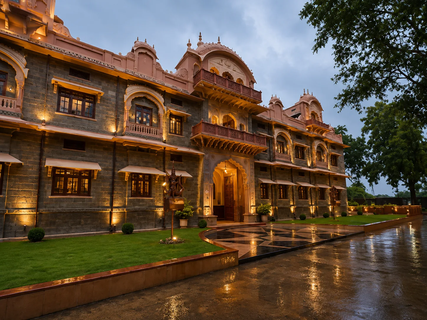 Grand stone facade and arched entrance of the heritage hotel