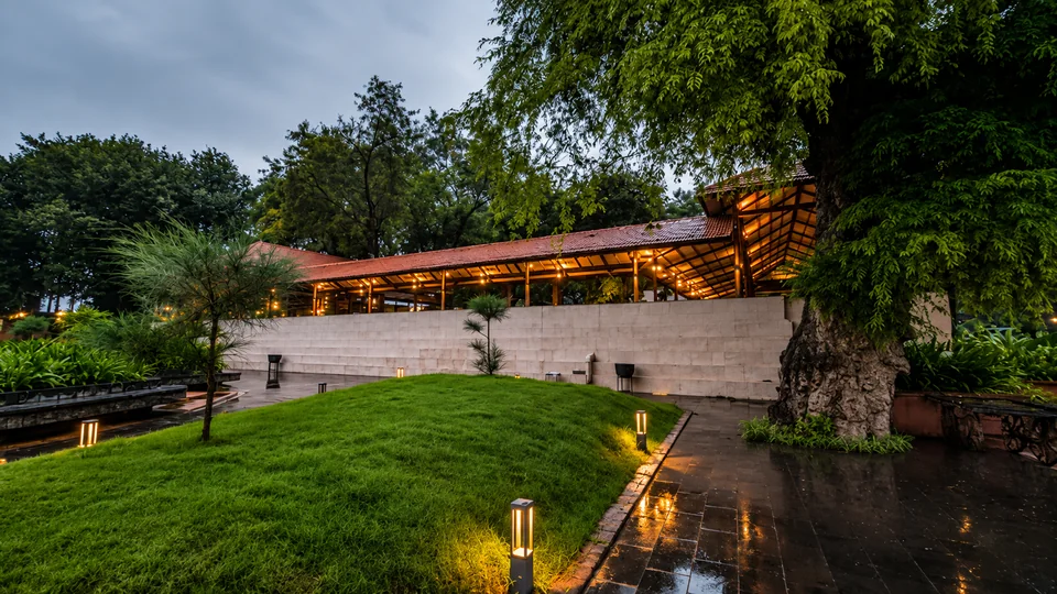 Green lawn and landscaped path at night