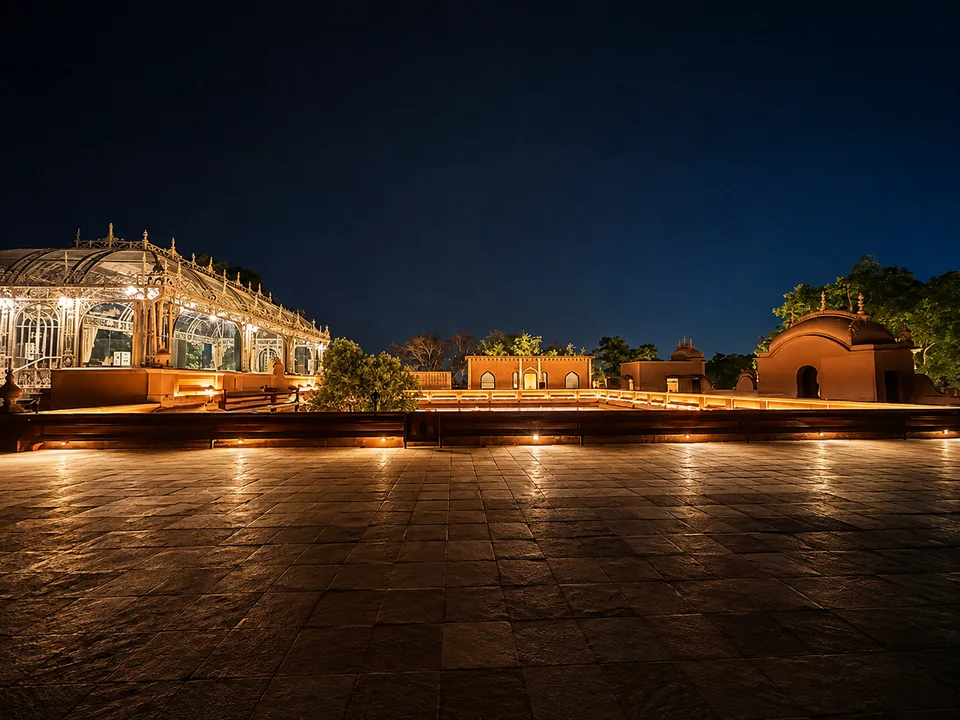 Wide garden and pavilion panorama at night