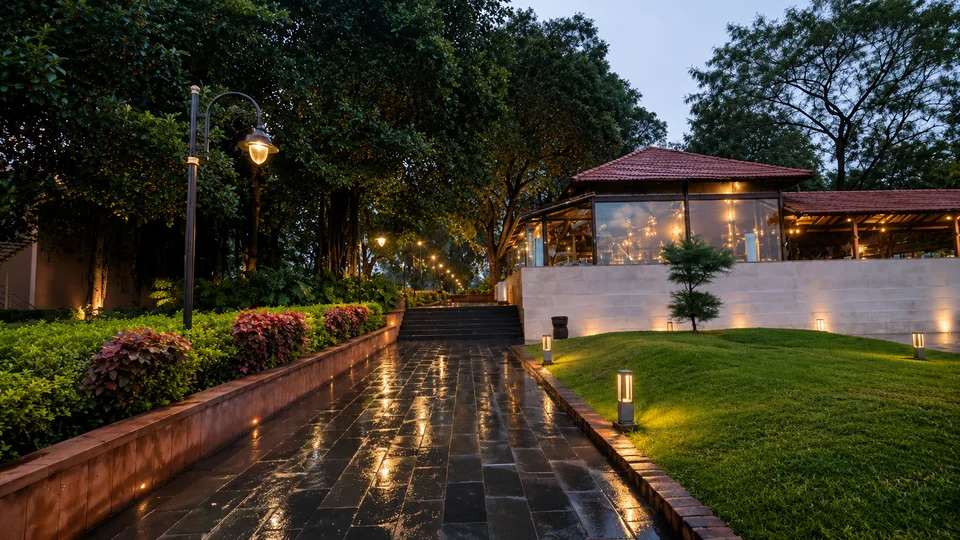 Landscaped garden pathway at evening